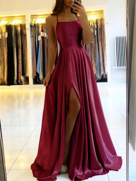 Burgunderrotes Satin-Strand-Maxikleid für Damen für Weihnachten, sexy Seitenschlitz, verstellbare Träger, Abendkleid, Ballkleid, Brautjungfernkleider