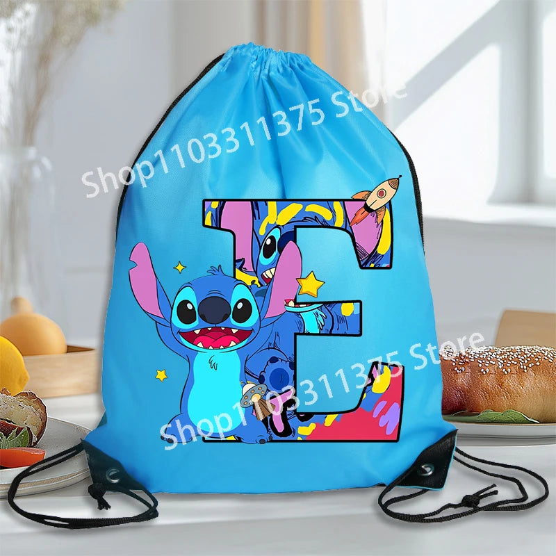 Stitch Disney Waterproof Drawstring Bag Letter A-Z Cartoon Shoes Underwear Travel Sport Bags Nylon Clothes Packing Backpack Gift