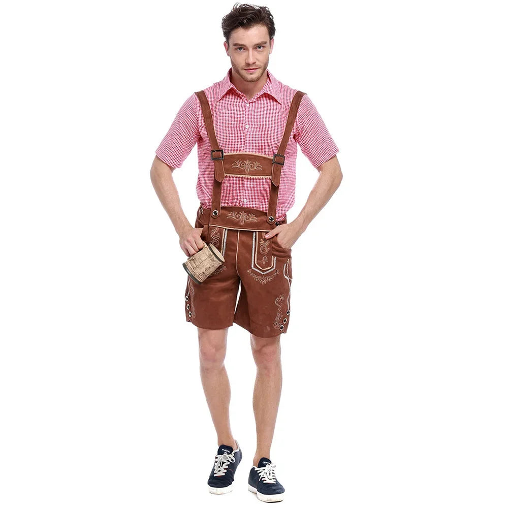 Männliches deutsches Oktoberfest-Lederhosen-Kostüm, kurzärmelig, Hosenträger, Strampler, Hemd, Hut, bayerisches Bierfest, Herren-Cosplay-Outfit