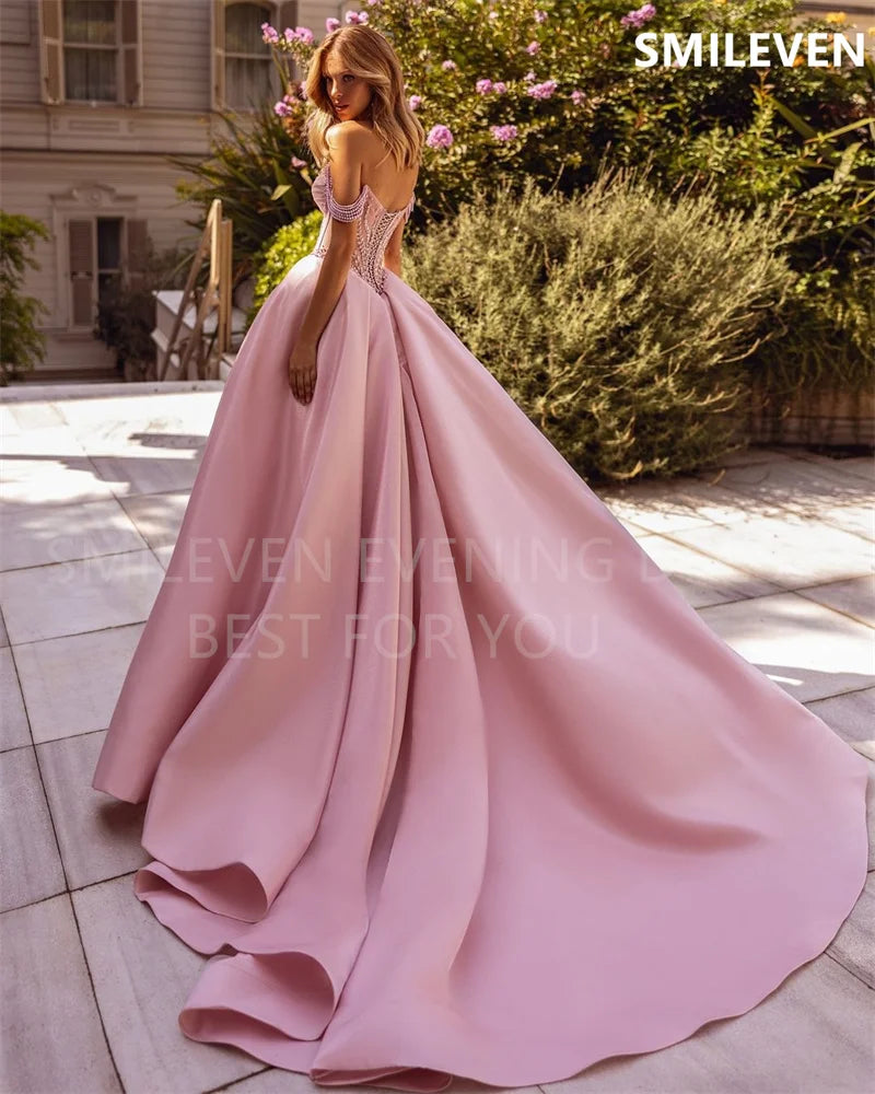 Smileven A-Linie Rosa Ballkleid Schulterfrei Rückenfrei Partykleider Herzförmiger Ausschnitt Formales Abendkleid Maßgeschneidert 2024