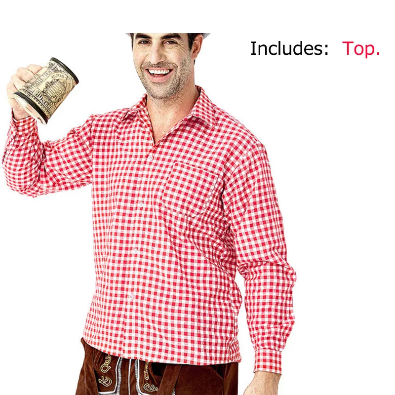 Männer Karneval Oktoberfest Kostüm Kariertes Hemd Lederhosen Outfit Cosplay Halloween Parade Bühnenshow Phantasie Partykleid