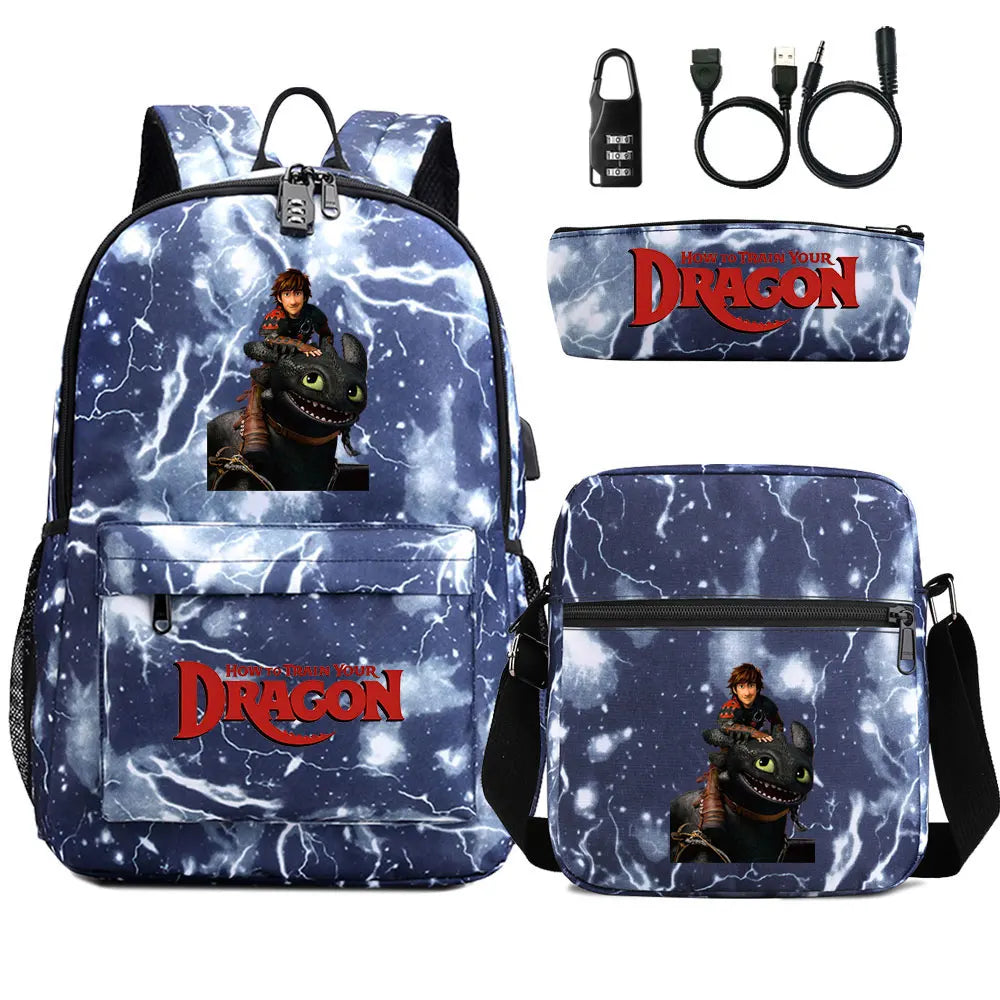 How to Train Your Dragon 3Pcs USB Anti-theft Lock Boy Girl Kids Back To School Book Bags Travel Backpack Shoulder Bag Pen Bags