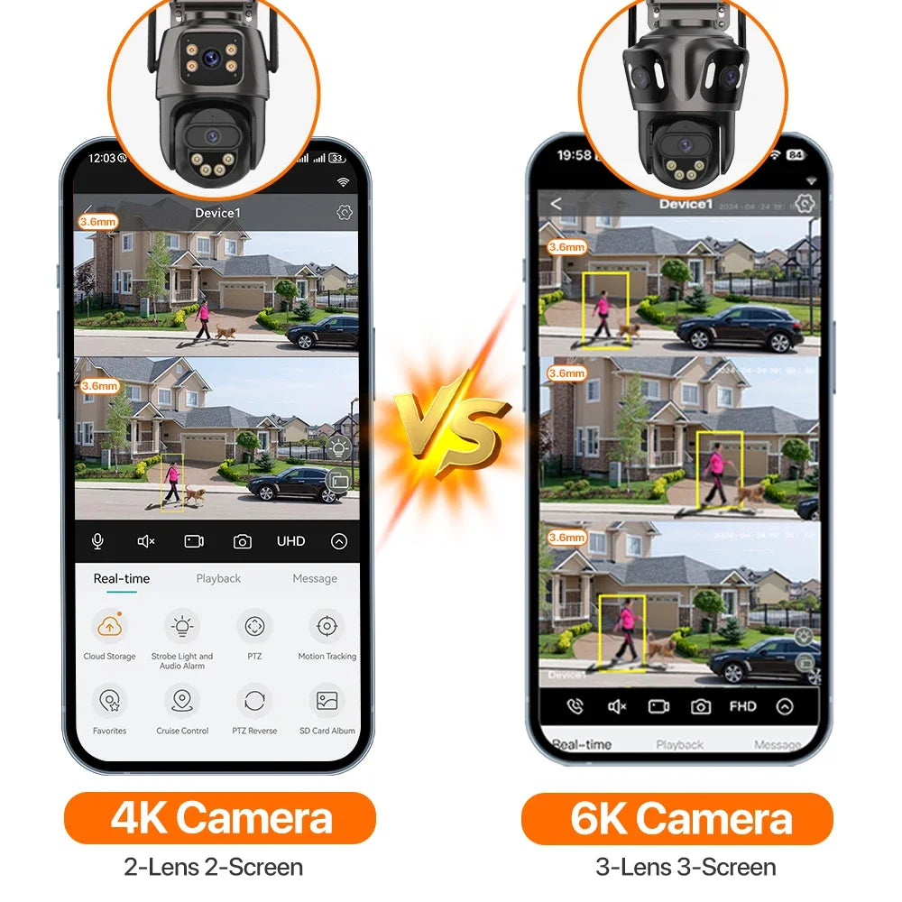 6K HD Outdoor Wifi PTZ Kamera Drei Objektiv 4K Dual Screen IP Kamera Auto Tracking Farbe Nacht Video Überwachung CCTV P2P iCsee