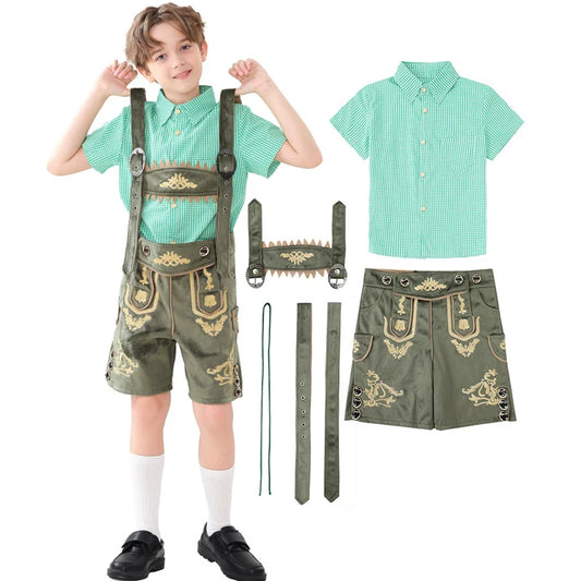 NEU Bayerisches Nationales Oktoberfest-Kostüm für Jungen, Flanell-Lederhosen, kariertes Hemd, Cosplay, Karneval, Halloween, ausgefallenes Partykleid