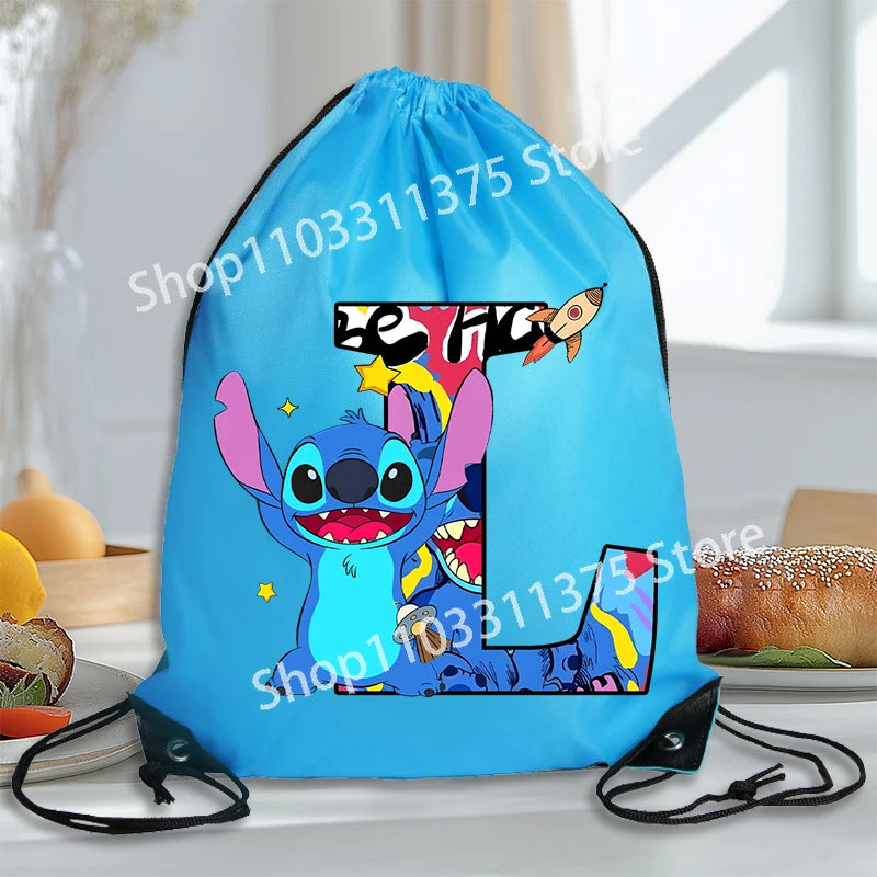 Stitch Disney Waterproof Drawstring Bag Letter A-Z Cartoon Shoes Underwear Travel Sport Bags Nylon Clothes Packing Backpack Gift