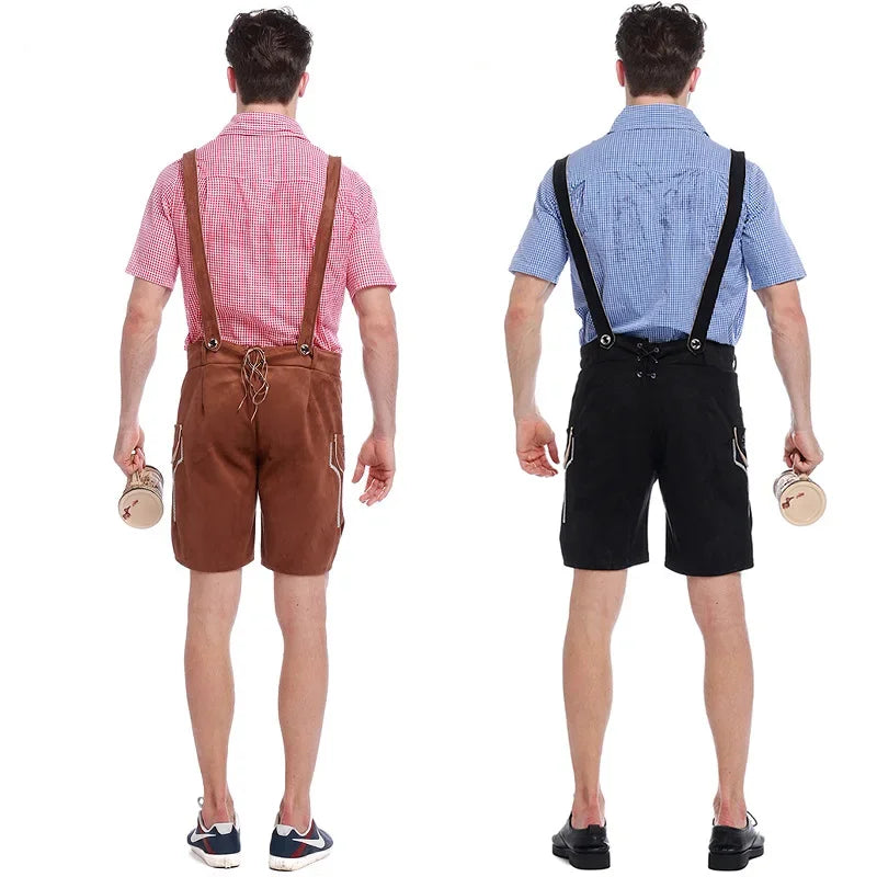 Männliches deutsches Oktoberfest-Lederhosen-Kostüm, kurzärmelig, Hosenträger, Strampler, Hemd, Hut, bayerisches Bierfest, Herren-Cosplay-Outfit