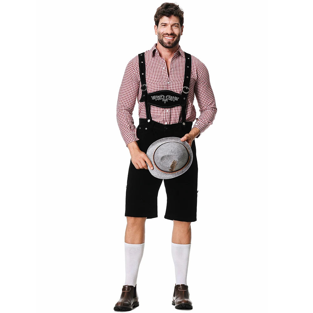 Dreiteiliges Set Oktoberfest Lederhosen Kostüm für Herren Bayerische Deutsche Bierfeste Hosenträger Hemd Hut Cosplay Bier Outfits