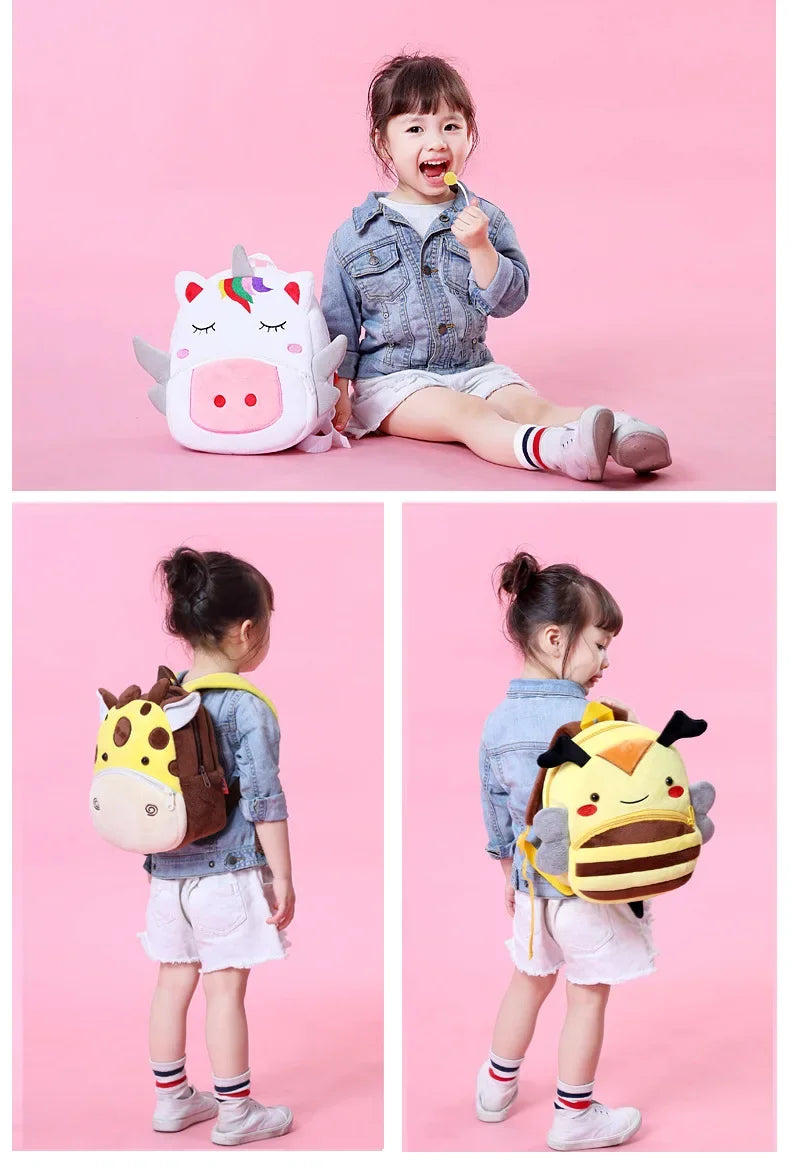Cartoon Animal Kids Backpack Double Shoulder Plush Nursery Children Bag Customizable Printing Breathable Lightweight