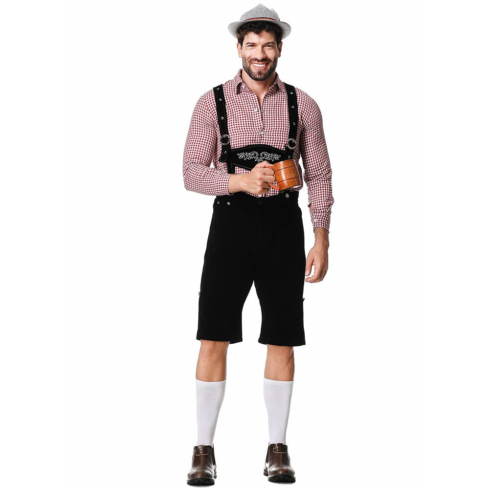 Dreiteiliges Set Oktoberfest Lederhosen Kostüm für Herren Bayerische Deutsche Bierfeste Hosenträger Hemd Hut Cosplay Bier Outfits
