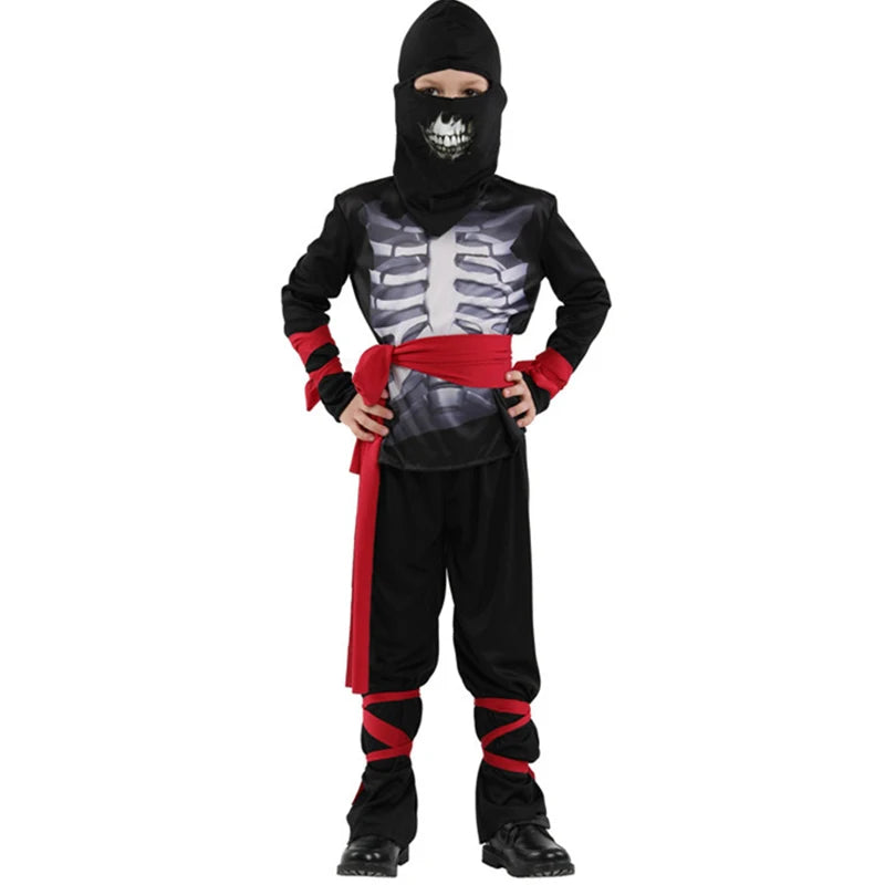 Jungen Schwarzes Skelett Totenkopf Ninja Kostüm Shinobi Schwert Katana Rucksack Set Kinder Silber Drachen Ninja Halloween Kostüm