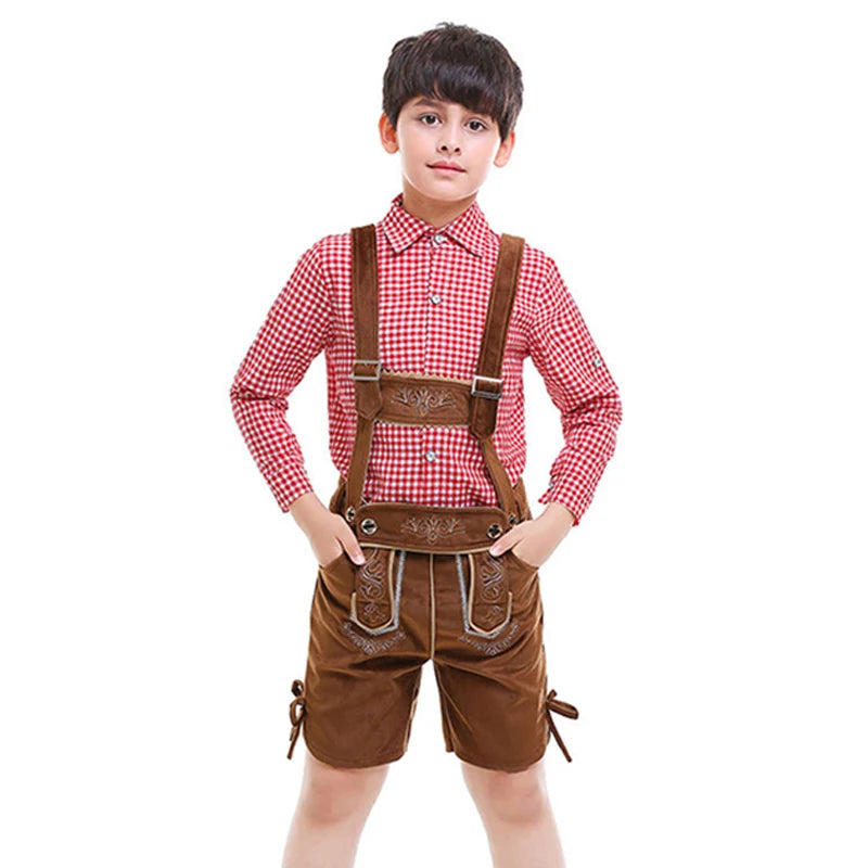NEU Bayerisches Nationales Oktoberfest-Kostüm für Jungen, Flanell-Lederhosen, kariertes Hemd, Cosplay, Karneval, Halloween, ausgefallenes Partykleid