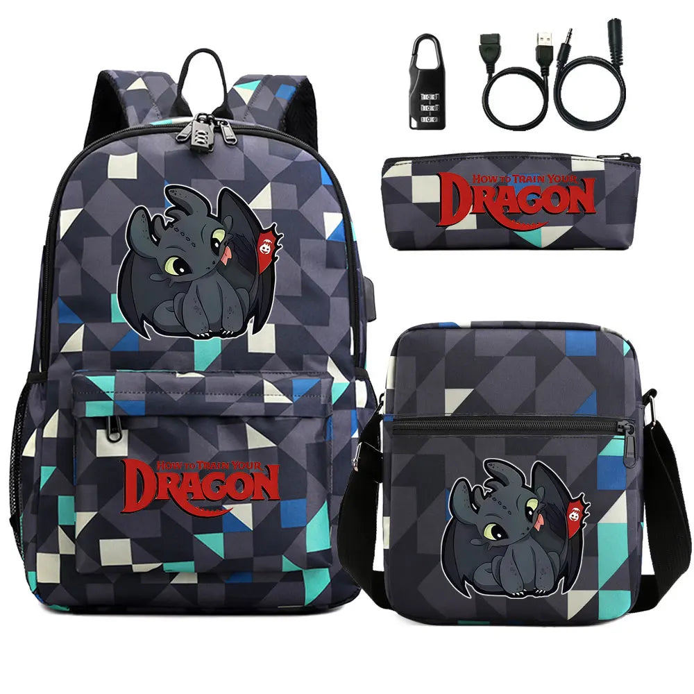 How to Train Your Dragon 3Pcs USB Anti-theft Lock Boy Girl Kids Back To School Book Bags Travel Backpack Shoulder Bag Pen Bags