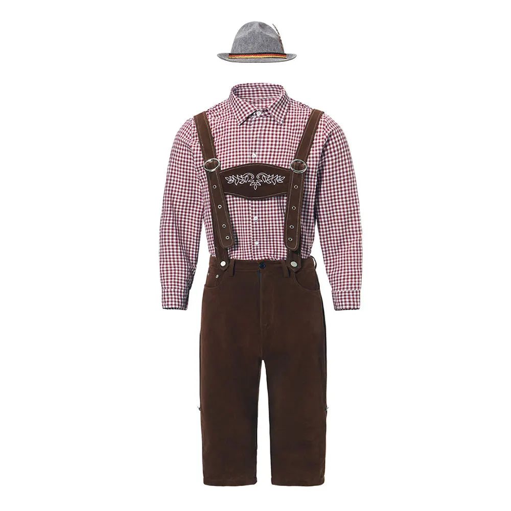 Dreiteiliges Set Oktoberfest Lederhosen Kostüm für Herren Bayerische Deutsche Bierfeste Hosenträger Hemd Hut Cosplay Bier Outfits