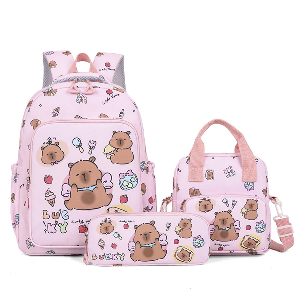 3in1 School Backpack Set Nylon Cute Bookbag Going Out Cartoon Laptop Travel Bag Breathable Back Large Capacity Cute Capybara Bag