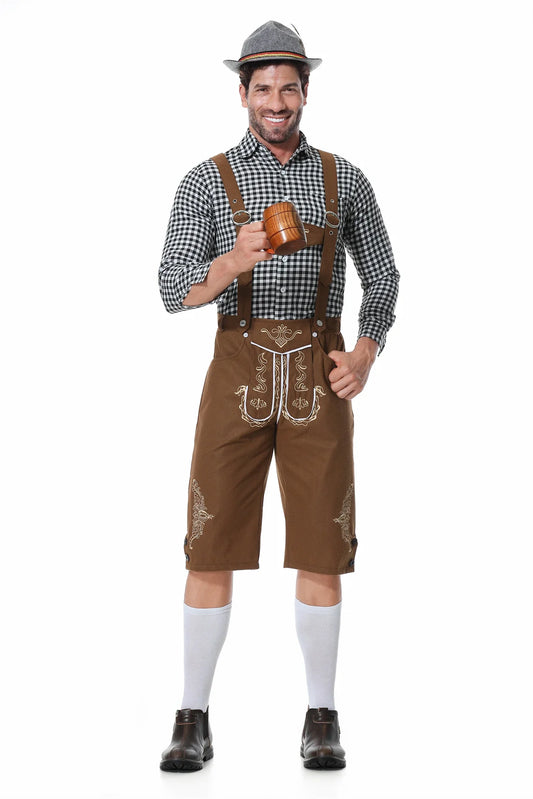M-XXL Herren Oktoberfest Lederhosen Kostüm Langarm Hosenträger Strampler Hemd Hut Deutsches Bayerisches Bierfest Cosplay Outfit