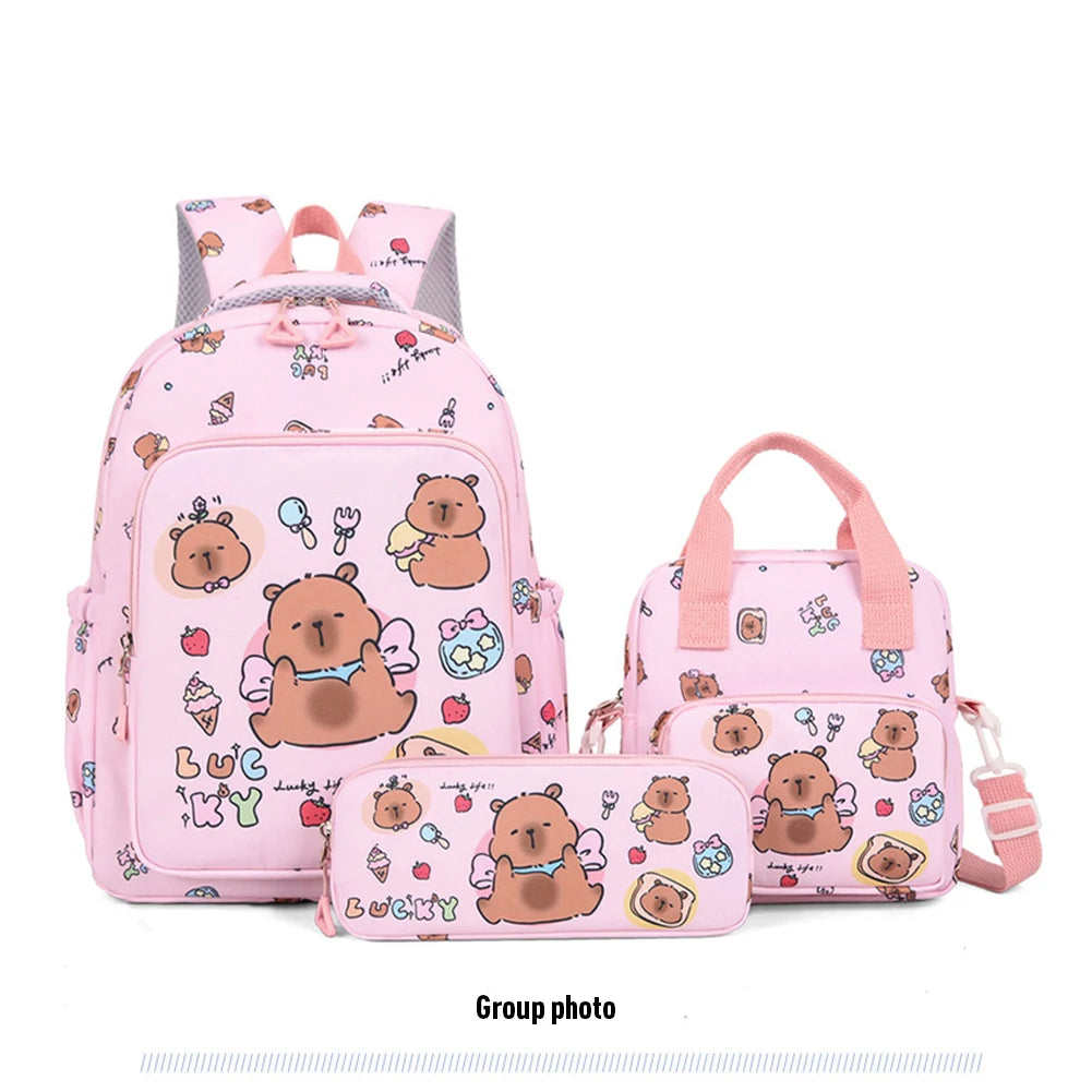 3in1 School Backpack Set Nylon Cute Bookbag Going Out Cartoon Laptop Travel Bag Breathable Back Large Capacity Cute Capybara Bag