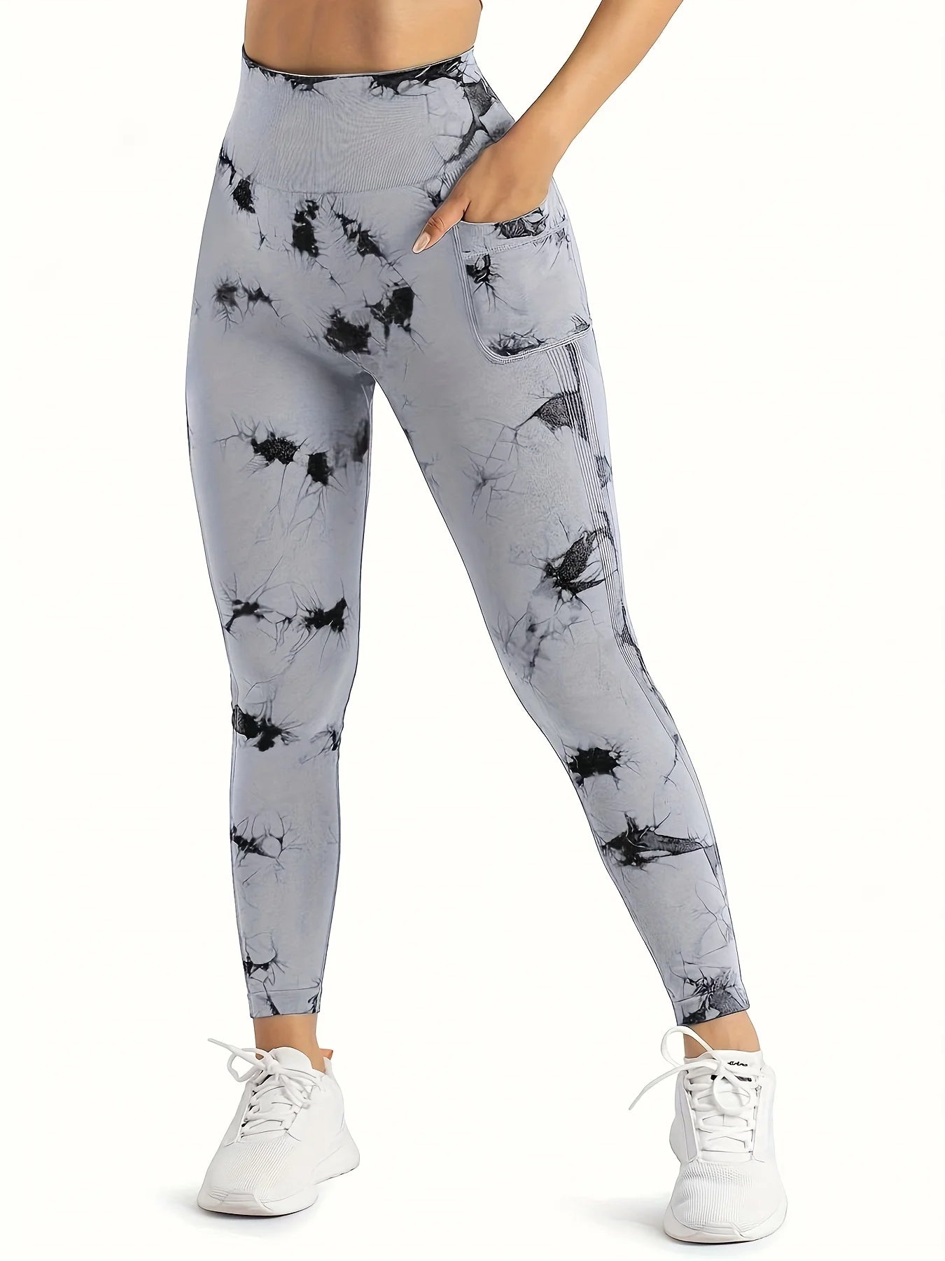 Nahtlose Workout-Leggings mit Batikmuster und hoher Taille für Damen, Scrunch Butt Lifting, Yoga, Fitnessstudio, Sporthose mit Taschen