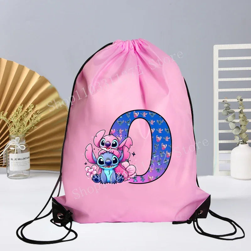 Disney Stitch Drawstring Bag Letter A-Z Printed Girl Kids Adult Gym PE Kit Sack Dance Portable Waterproof Light Travel Pouch Bag
