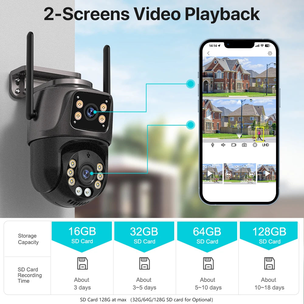 4K 8MP HD Wifi PTZ-Kamera für den Außenbereich, 4MP, Doppelobjektiv, Doppelbildschirm, AI-Auto-Tracking, IP-Kamera, CCTV, Audio-Videoüberwachung, P2P, iCSee