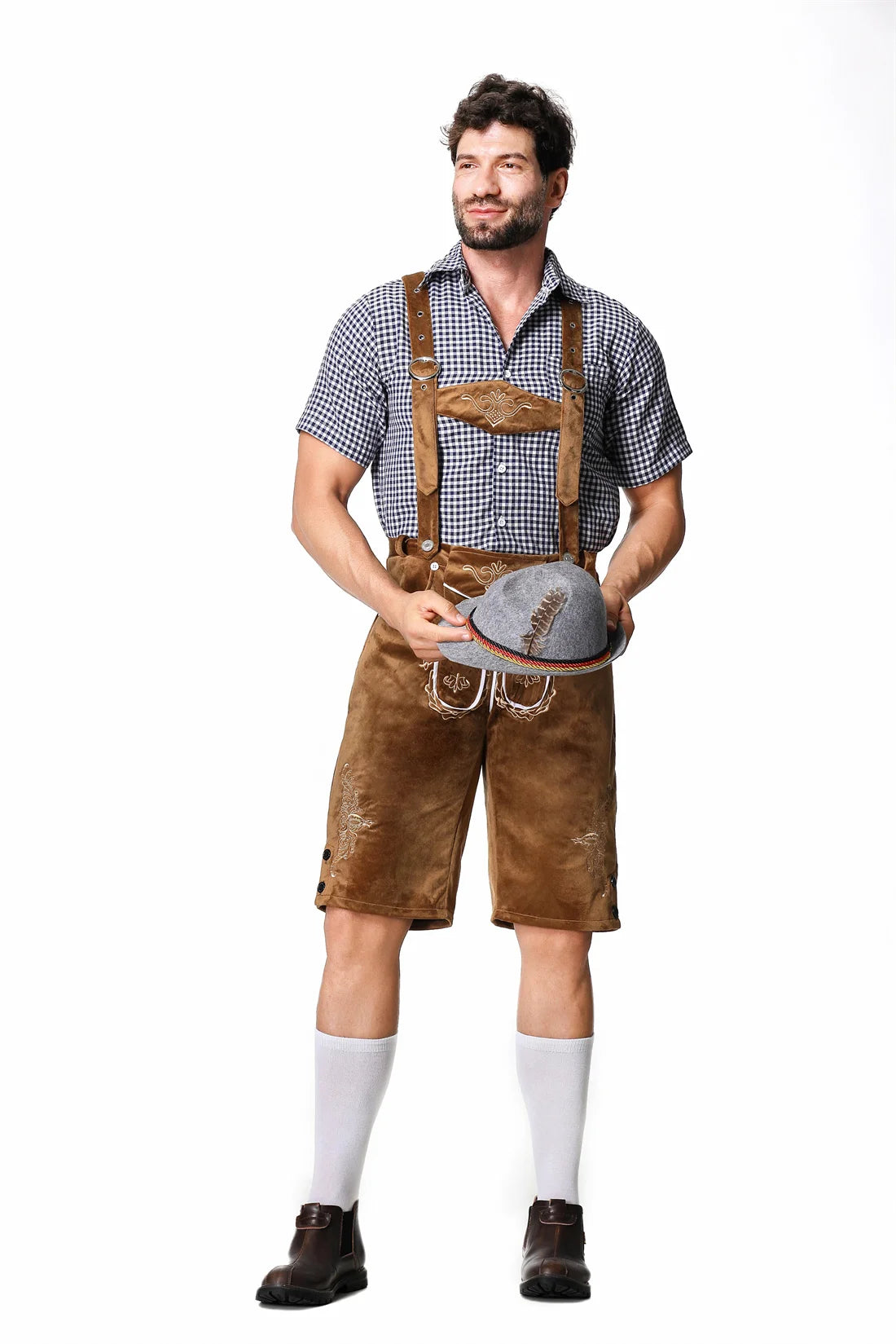 M-XXL Deutsches Oktoberfest Lederhosen Kostüm Kurzarm Kariertes Hemd Hosenträger Hut Set Bierfest Männlich Cosplay Halloween
