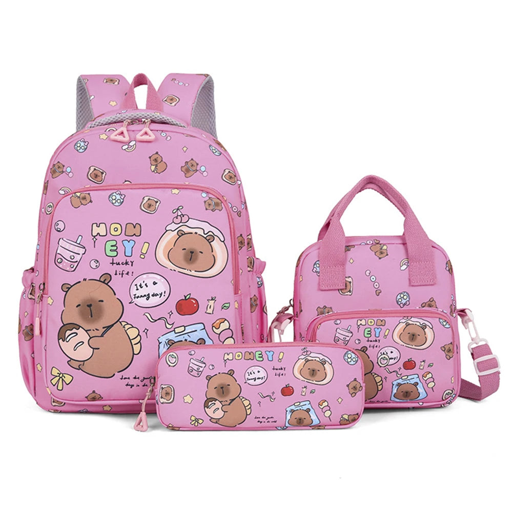 3in1 School Backpack Set Nylon Cute Bookbag Going Out Cartoon Laptop Travel Bag Breathable Back Large Capacity Cute Capybara Bag