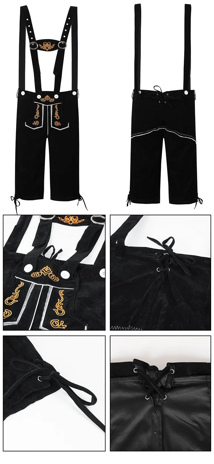 VIP FASHION Deutsches Oktoberfest-Kostüm-Outfit Bayerische Lederhosen-Hosenträger für Herren Braun Schwarz Verstellbare Shorts mittlerer Länge