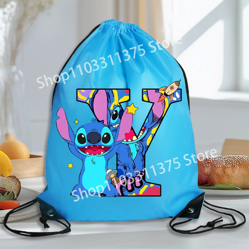 Stitch Disney Waterproof Drawstring Bag Letter A-Z Cartoon Shoes Underwear Travel Sport Bags Nylon Clothes Packing Backpack Gift