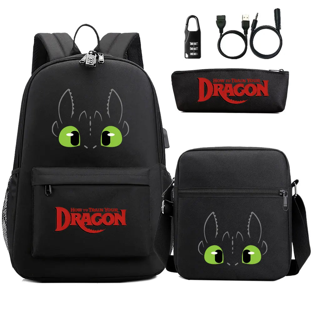 How to Train Your Dragon 3Pcs USB Anti-theft Lock Boy Girl Kids Back To School Book Bags Travel Backpack Shoulder Bag Pen Bags
