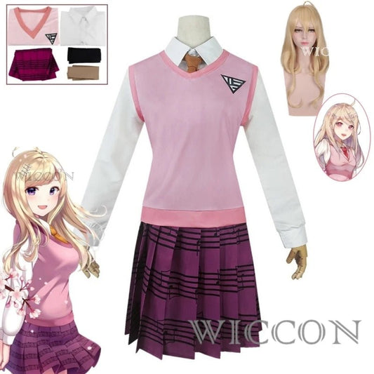 Anime Dangaronpa Kaede Akamatsu Cosplay Kostum Tank Top Short Skirt Pleated Skirt JK School Uniform Halloween Party Set - TRENSET