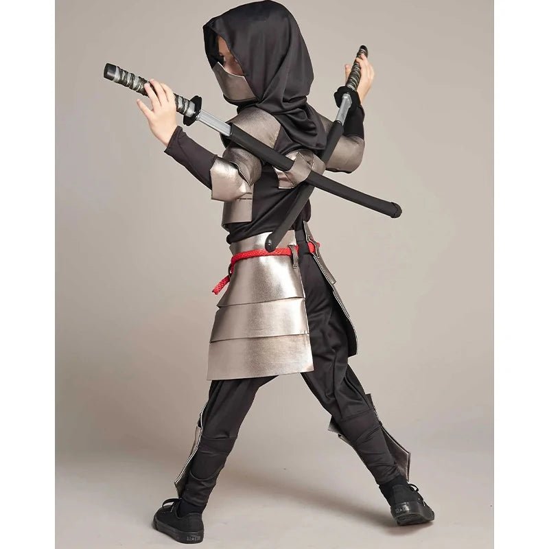 Boys Black Skeleton Skull Ninja Costume Shinobi Sword Katana Backpack Set Kids Silver Dragon Ninja Halloween Costume - TRENSET