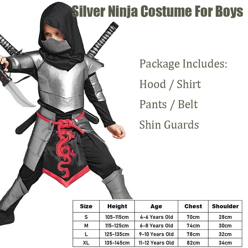 Boys Black Skeleton Skull Ninja Costume Shinobi Sword Katana Backpack Set Kids Silver Dragon Ninja Halloween Costume - TRENSET