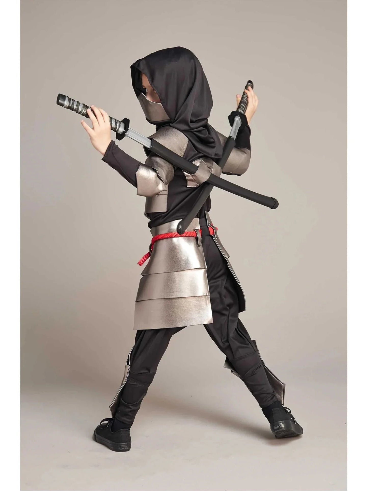 Boys Black Skeleton Skull Ninja Costume Shinobi Sword Katana Backpack Set Kids Silver Dragon Ninja Halloween Costume - TRENSET