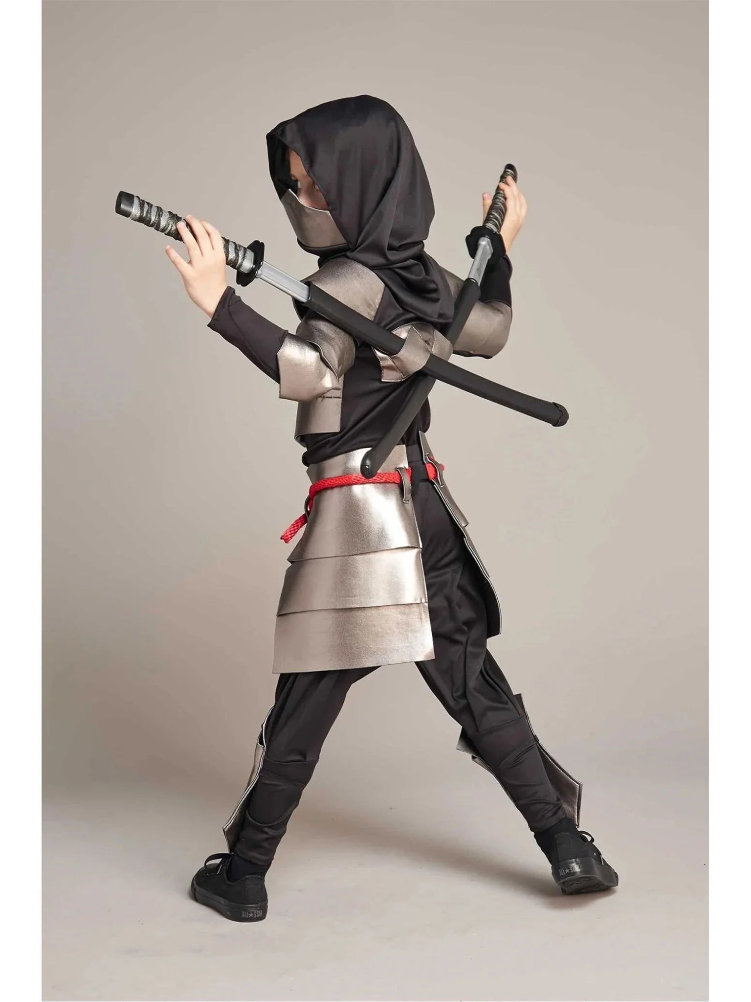 Boys Black Skeleton Skull Ninja Costume Shinobi Sword Katana Backpack Set Kids Silver Dragon Ninja Halloween Costume - TRENSET