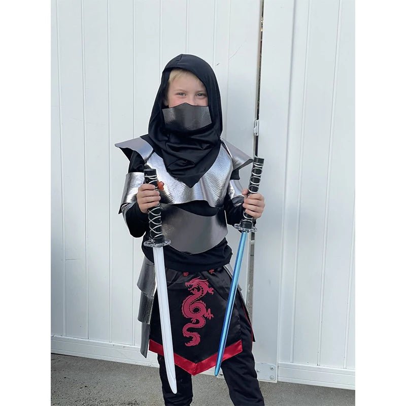 Boys Black Skeleton Skull Ninja Costume Shinobi Sword Katana Backpack Set Kids Silver Dragon Ninja Halloween Costume - TRENSET