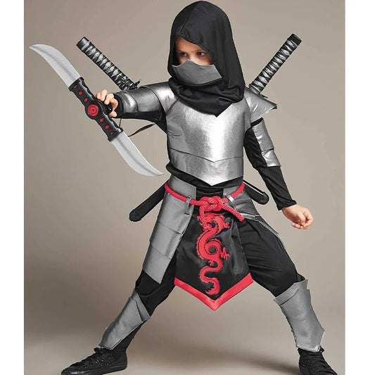 Boys Black Skeleton Skull Ninja Costume Shinobi Sword Katana Backpack Set Kids Silver Dragon Ninja Halloween Costume - TRENSET