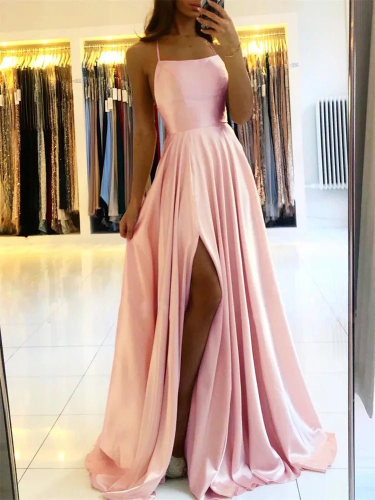 Burgundy Satin Beach Maxi Women Dress for Christmas Sexy Side Slit Adjustable Straps Evening Prom Dress Bridesmaid Dresses - TRENSET