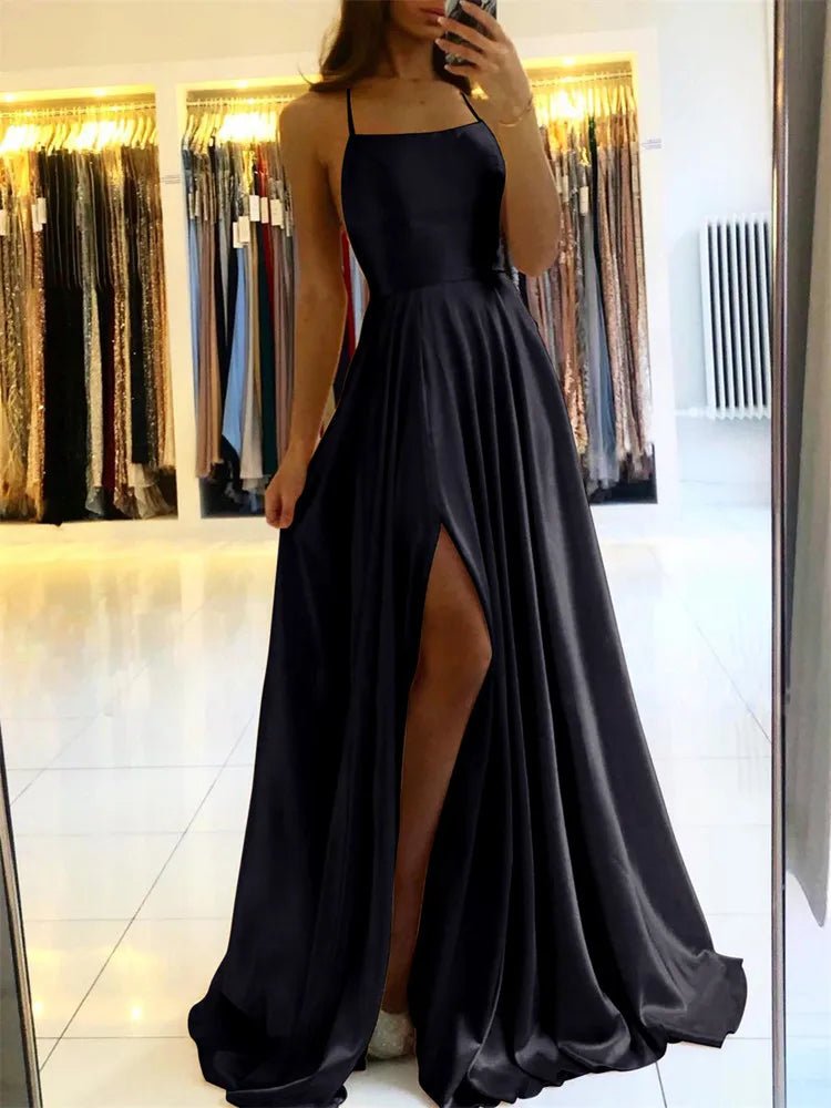 Burgundy Satin Beach Maxi Women Dress for Christmas Sexy Side Slit Adjustable Straps Evening Prom Dress Bridesmaid Dresses - TRENSET