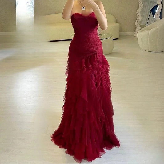 Burgundy Sweetheart Long Bespoke Occasion Gown Evening Dresses Prom Pastrol Unisex Jersey Retro Dubai Saudi Arabic Customized - TRENSET