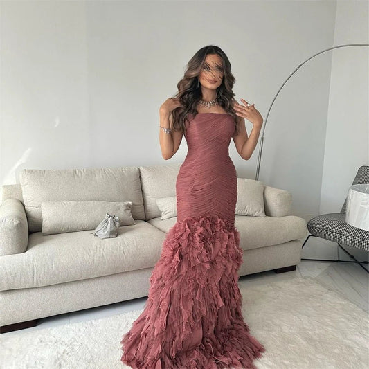 Customized Prom Dresses Elegant Strapless Sheath Homecoming Flowers Fold ChiffonOccasion Evening Gown vestido de festas longo - TRENSET