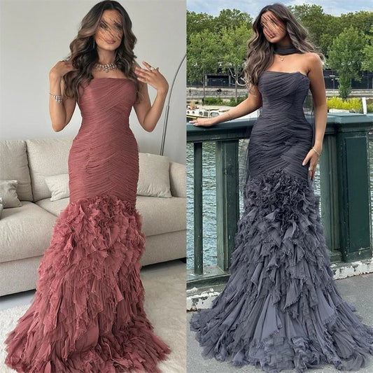 Customized Prom Dresses Elegant Strapless Sheath Homecoming Flowers Fold ChiffonOccasion Evening Gown vestido de festas longo - TRENSET