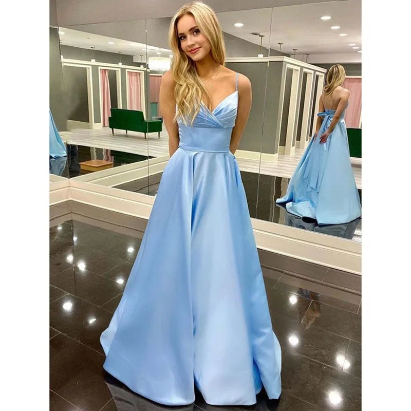 Customized Sky Blue Satin Long Prom Dresses For Women A Line Straps Backless Formal Evening Gowns Bow Party Bridesmaid Dress - TRENSET