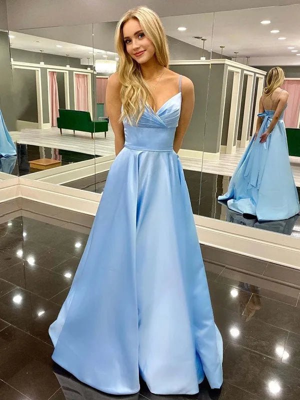 Customized Sky Blue Satin Long Prom Dresses For Women A Line Straps Backless Formal Evening Gowns Bow Party Bridesmaid Dress - TRENSET