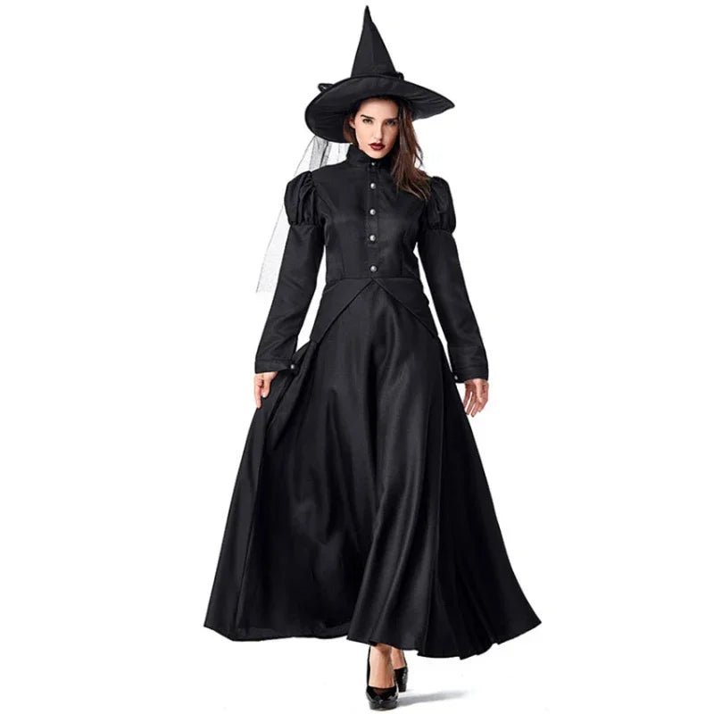 Halloween Wizard Cosplay Costume Kids Adult Halloween Women Deluxe Wicked Witch Costume Black Full Length Dress - TRENSET