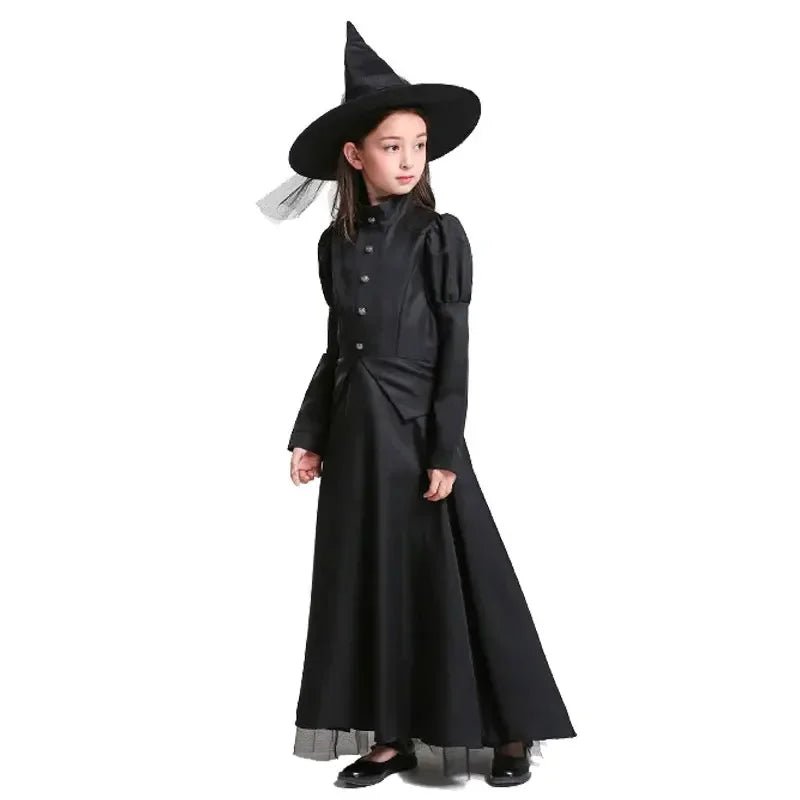 Halloween Wizard Cosplay Costume Kids Adult Halloween Women Deluxe Wicked Witch Costume Black Full Length Dress - TRENSET