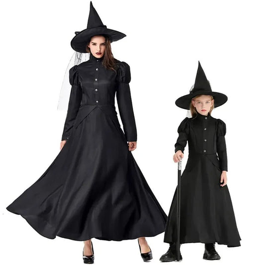 Halloween Wizard Cosplay Costume Kids Adult Halloween Women Deluxe Wicked Witch Costume Black Full Length Dress - TRENSET