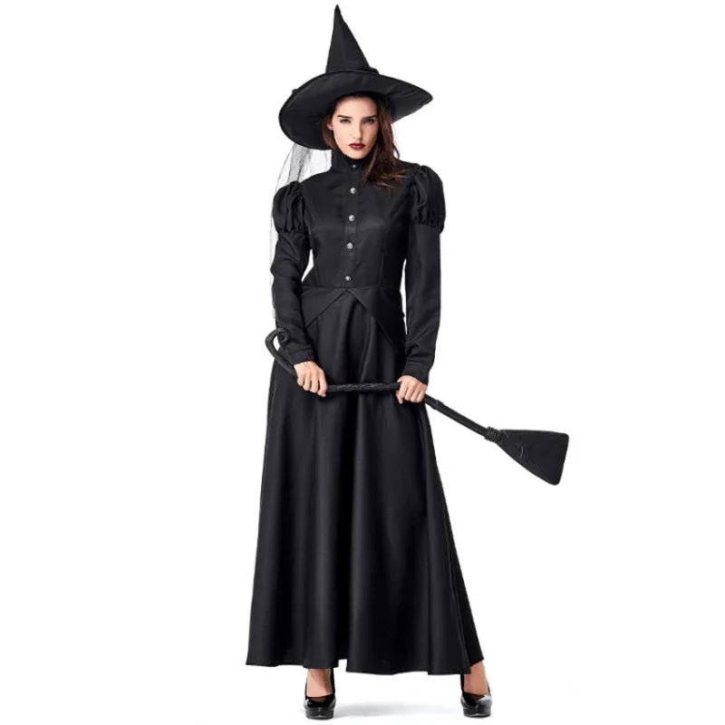 Halloween Wizard Cosplay Costume Kids Adult Halloween Women Deluxe Wicked Witch Costume Black Full Length Dress - TRENSET