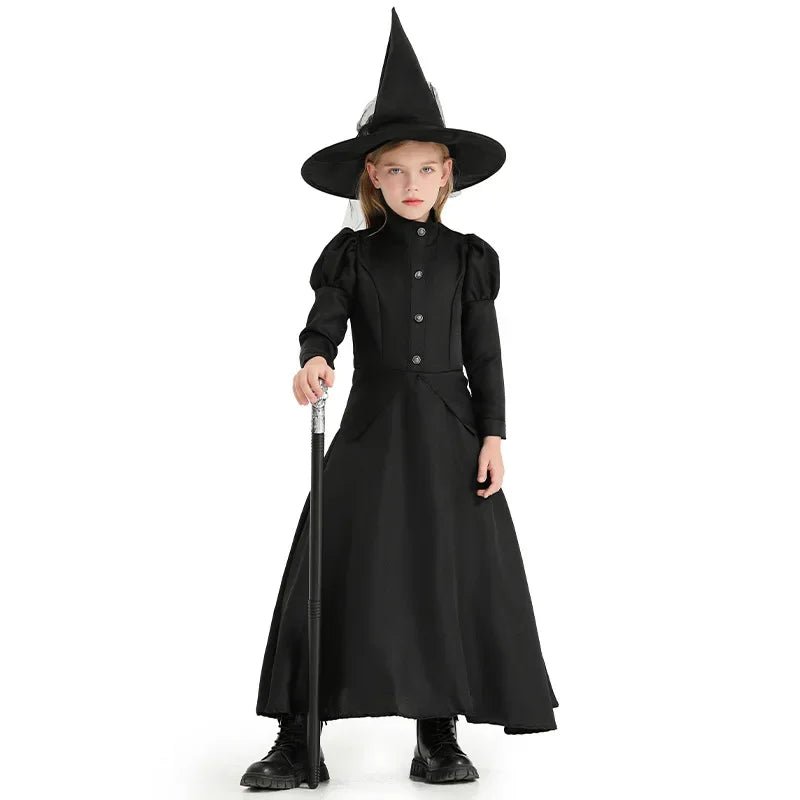 Halloween Wizard Cosplay Costume Kids Adult Halloween Women Deluxe Wicked Witch Costume Black Full Length Dress - TRENSET