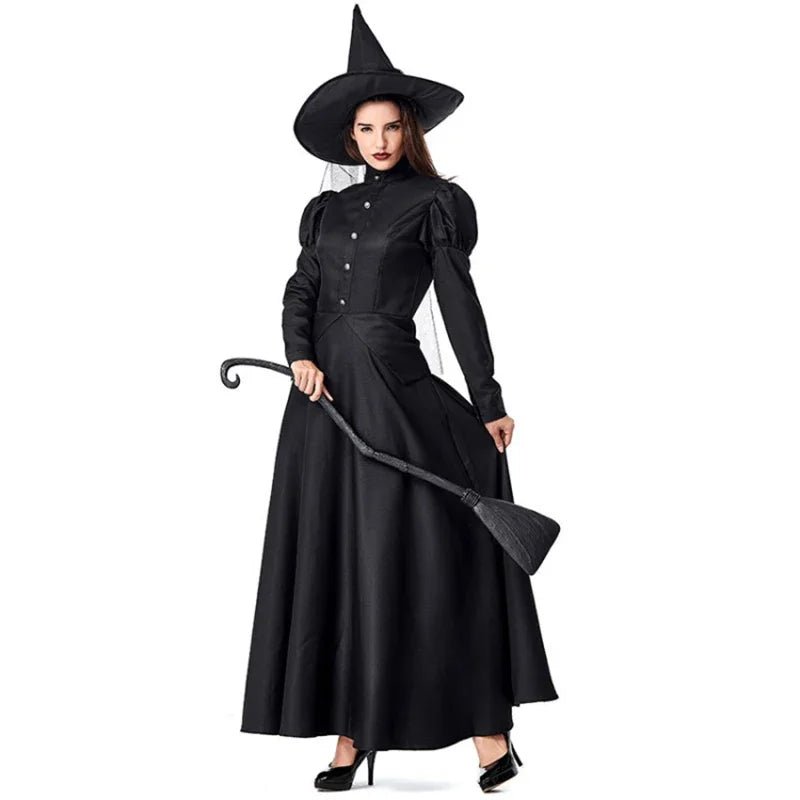 Halloween Wizard Cosplay Costume Kids Adult Halloween Women Deluxe Wicked Witch Costume Black Full Length Dress - TRENSET