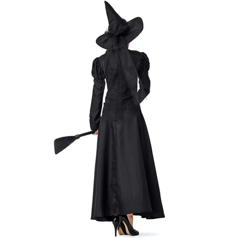 Halloween Wizard Cosplay Costume Kids Adult Halloween Women Deluxe Wicked Witch Costume Black Full Length Dress - TRENSET