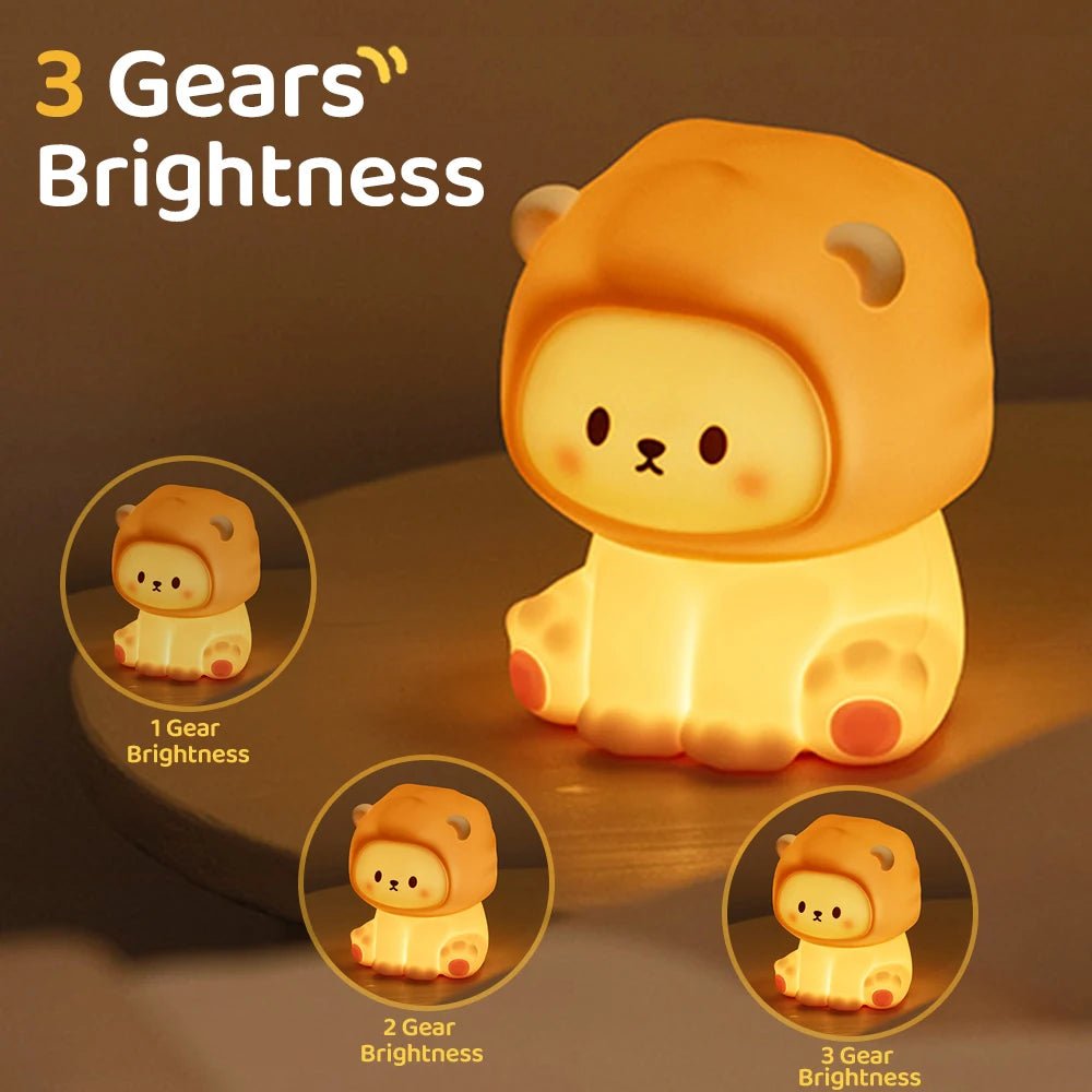 Kawaii Lion Night Light Rechargeable 3 Level Dimmable Silicone Sleeping Light Bedside Lamp Nursery Nightlights For Bedroom - TRENSET
